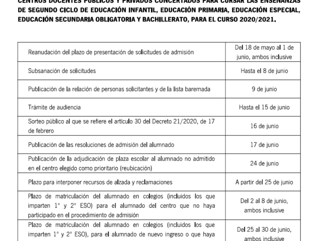 Calendario escolarización modificado