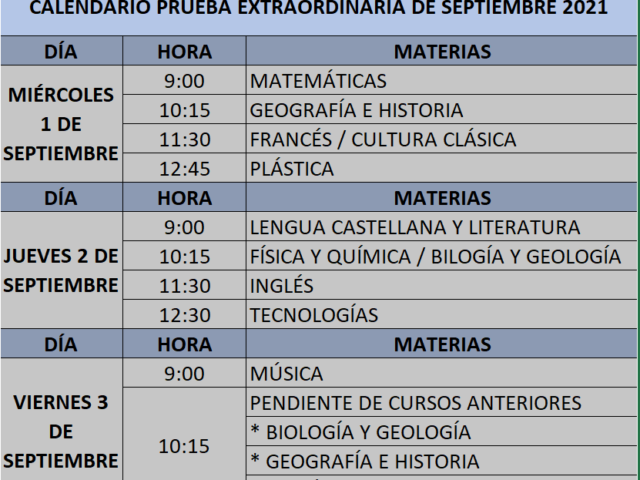 CALENDARIO EXTRAORDINARIA SEPTIEMBRE 2021